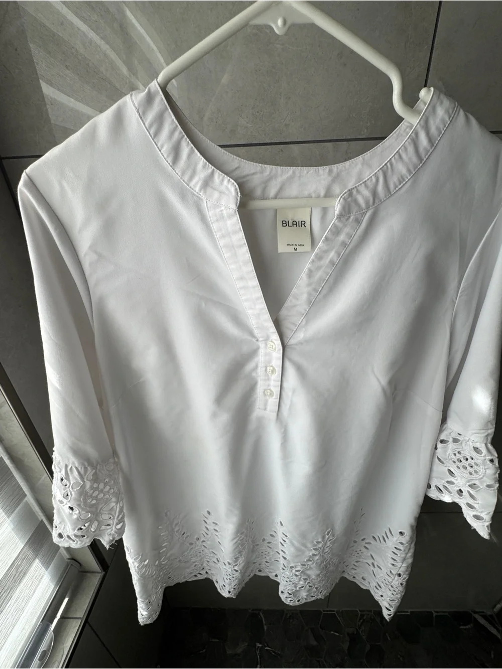 Blair White Eyelet-Hem 3/4 Sleeve Tunic
